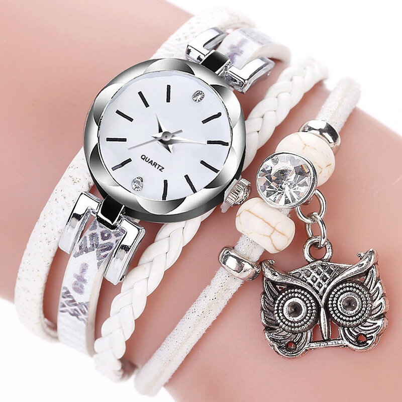 Jam tangan wanita rajut buatan tangan jam tangan gelang liontin burung hantu antik jam tangan gelang kuarsa tali panjang Dial kecil jam tangan wanita