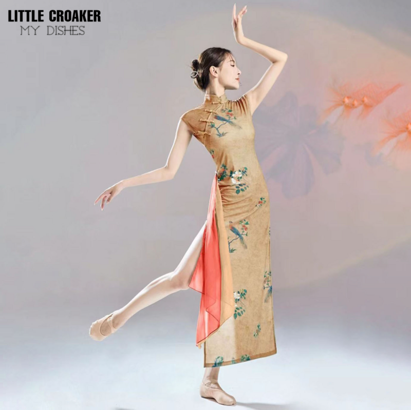 الصينية الكلاسيكية الحديثة الرقص أداء الملابس عالية شق تحسين شيونغسام تشيباو فساتين النساء الصينية الرقص زي