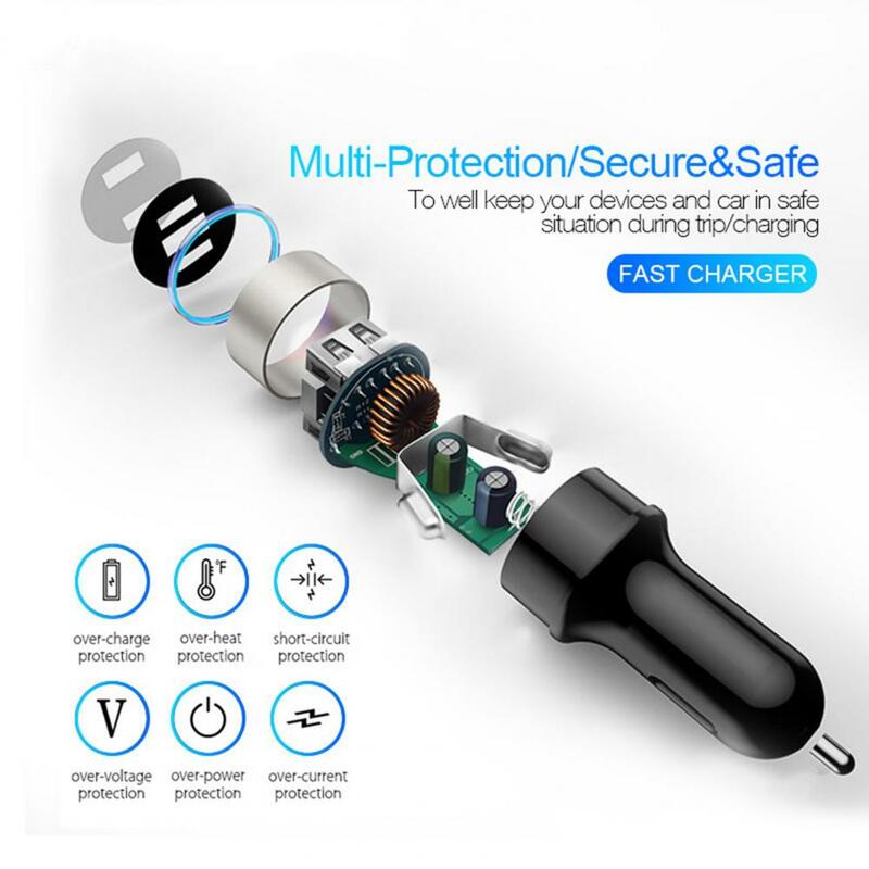 Cargador USB profesional para coche, protección múltiple, Cargador automático, doble salida estable, fuente de alimentación