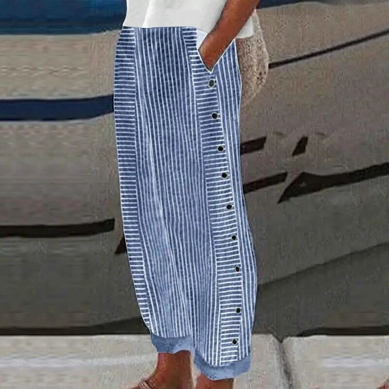 Pantalones bohemios con bolsillos laterales para mujer, pantalón informal con estampado de rayas, cintura elástica, detalle de botones laterales, ancho para el trabajo