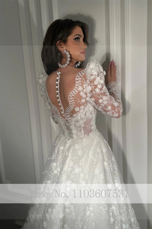 Sheer Neck Appliques Lace Tulle A-line Wedding Dress for Women Long Illusion Sleeve Court Wedding Bridal Gown vestidos de novia
