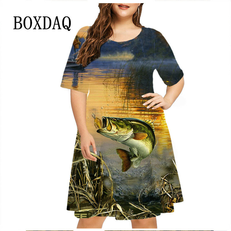 Женское свободное платье в стиле Харадзюку, летнее платье большого размера с круглым вырезом, коротким рукавом и 3D-принтом, одежда для рыбалки в уличном стиле, 6XL