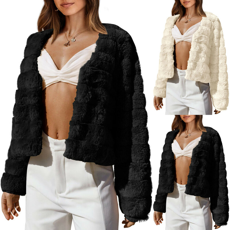 Флисовая Куртка оверсайз для женщин, новинка 2023, Зимние теплые плюшевые укороченные топы из искусственного кролика, Свободная Женская верхняя одежда, теплая куртка, женская одежда