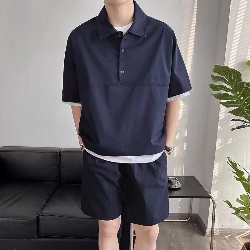 Men's Summer Polo Shirt Two Piece Set Buttons Pullover Casual Cargo Sports Summer Tracksuit Fashion Short-sleeved +Shorts Suit 2