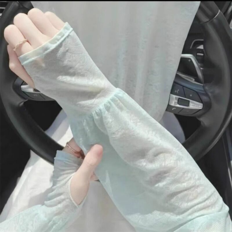 Lace Sunscreen Arm Sleeves, Luvas sem dedos, Fino, Anti UV, Proteção solar, Ciclismo, De condução, Moda