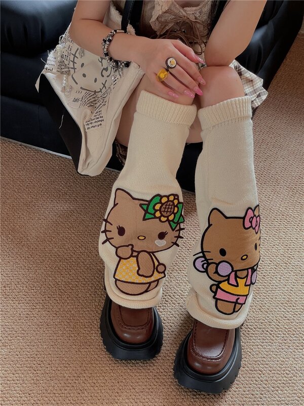 Calentador de piernas para mujer y niña, manga de pierna ancha de punto con personalidad Retro de dibujos animados, lindo gatito japonés Kawaii, Y2k
