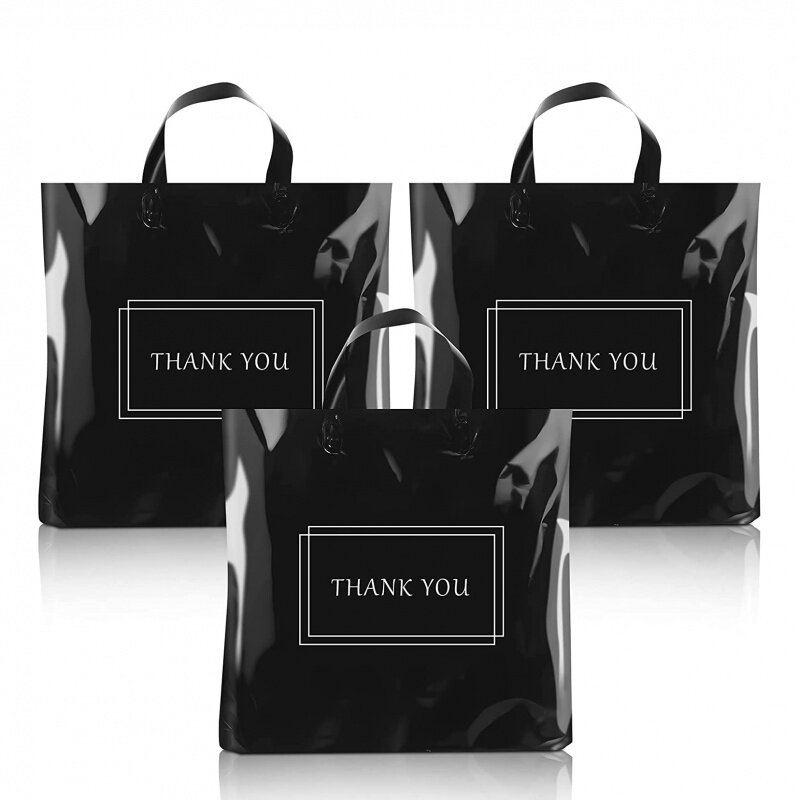 Kunden spezifisches Produkt 、 benutzer definiertes Logo Boutique Kleidung Einkaufs geschäft danke weichen Ring griff schwarze Plastiktüten für kleine Unternehmen