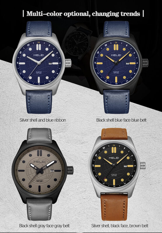 Helei-メンズ本革腕時計,発光腕時計,カジュアル,クォーツ,日付ストラップ,スポーツファッション,新品