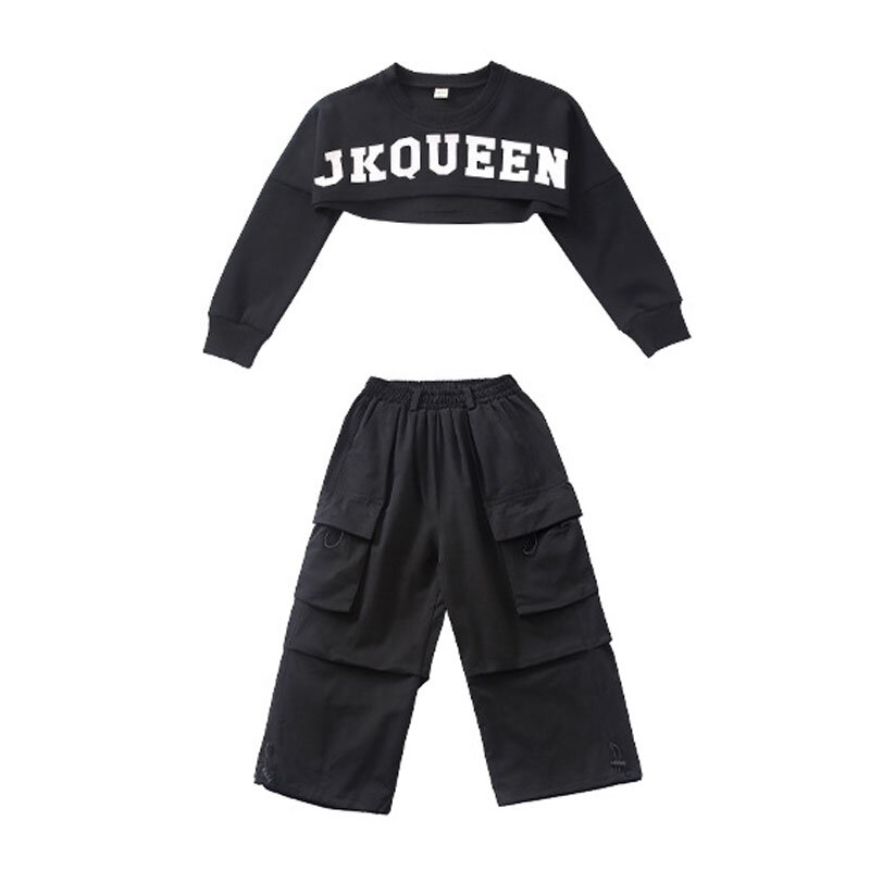 Kid Hip Hop Clothing Crop Top Long Sleeve Sweatshirt Casual Wide Flap Pockets Cargo Pants for Girls Jazz Dance Costume Clothes