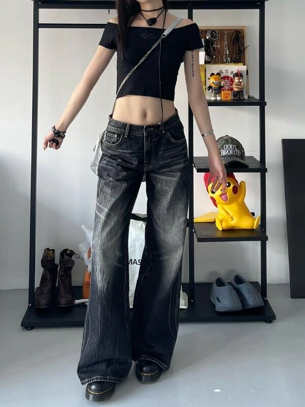 HOUZHOU Grunge Y2k jins hitam wanita longgar antik jalan tinggi celana Denim ukuran besar Gothic Gyaru 2000s Acubi mode Jeans