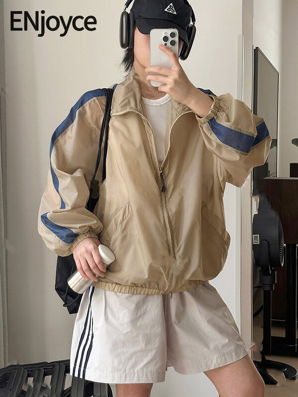 2024 Zomer Dames Vintage Koreaanse Outdoor Casual Opstaande Hals Jacks Met Ritssluiting Lichtgewicht Zonwerende Jas Y 2K Streetwear