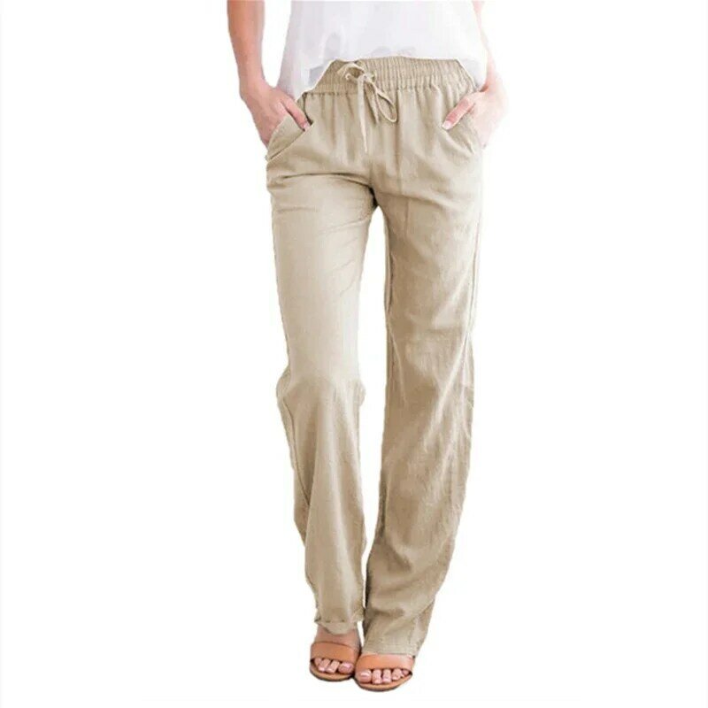 กางเกงผ้าลินินเอวสูงสำหรับผู้หญิงกางเกงลำลองสำหรับผู้หญิงผ้าลินินและผ้าฝ้าย