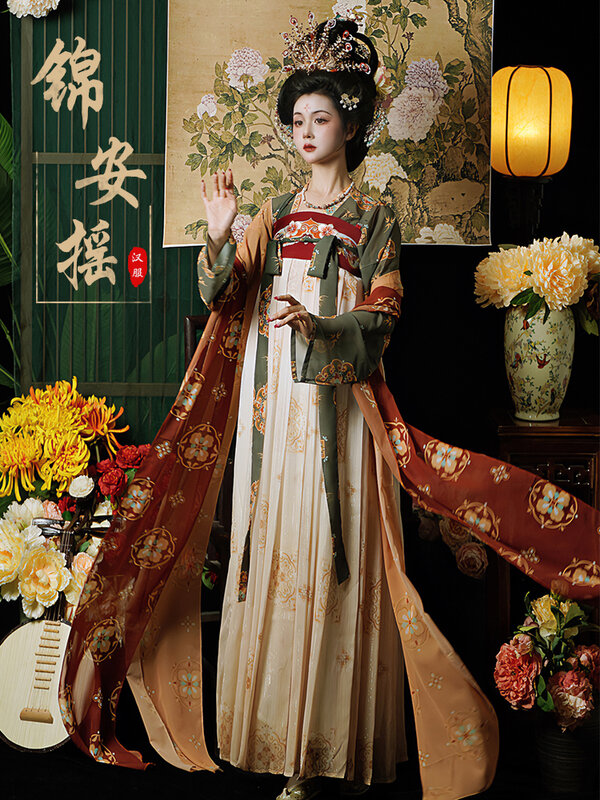 Hanfu กระโปรงยาวถึงหน้าอกสำหรับผู้หญิง Tang Dynasty khove ชุดย้อนยุคที่ละเอียดอ่อน