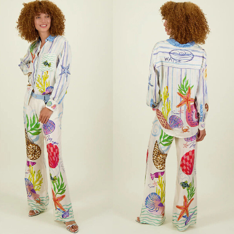 Рубашка и брюки с принтом женские, повседневный комплект из 2 предметов, шикарная блузка с длинным рукавом, праздничная модная одежда, 2024