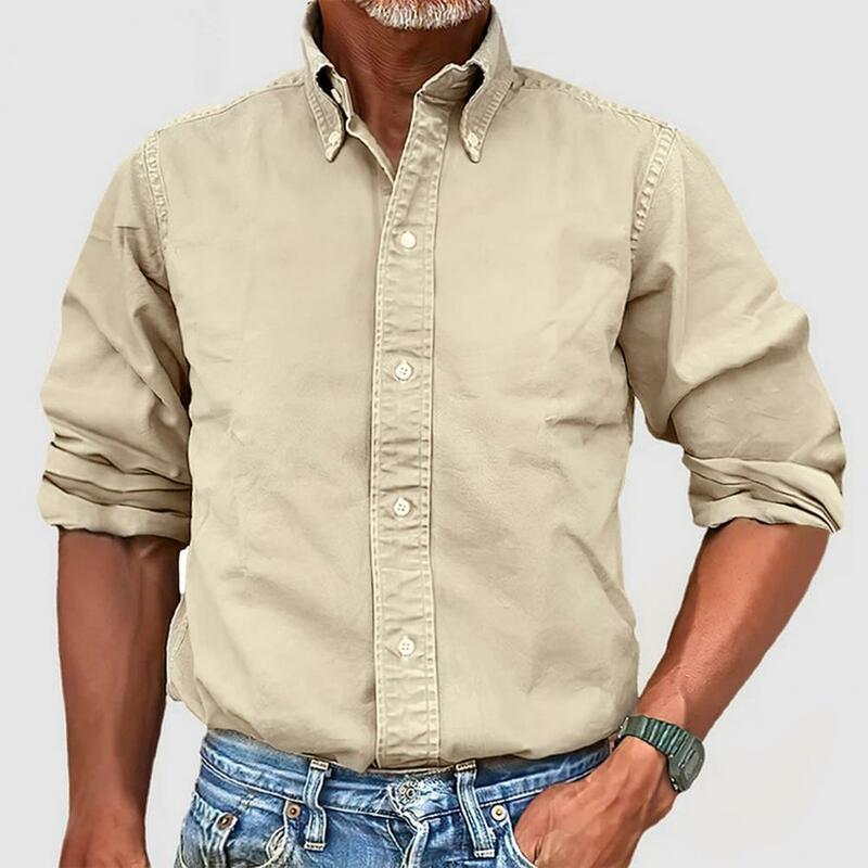 Camisa masculina regular fit, cardigã com gola lapela, slim fit, tecido macio respirável, top de escritório, mangas compridas, elegante, primavera