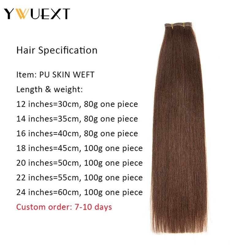YWUEXT Invisible Human Hair Extensions 12"-24" 120cm Long Inject PU Skin Flat Weft Hair Bundles No Tape Glue 80-100g