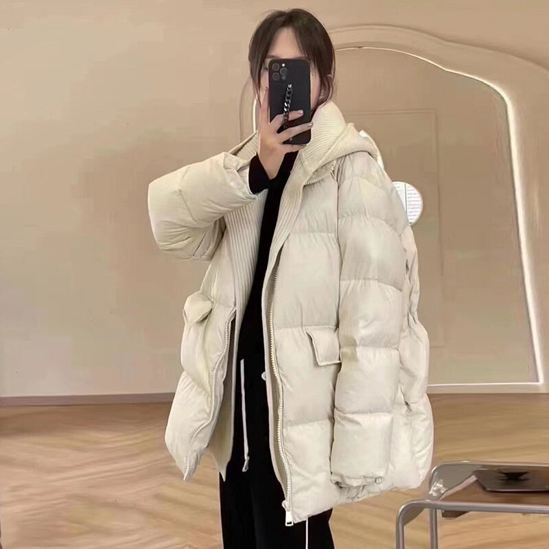 여성용 탈착식 니트 후드 페이크 투피스 다운 코트, 한국 루즈핏 따뜻한 패딩 다운 재킷, 겨울 2023 신상