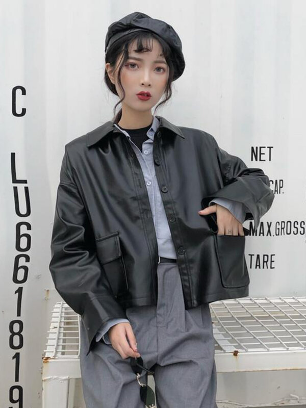 Женская осенне-зимняя короткая куртка из искусственной кожи, модель 2022 года, корейская мода, тонкое свободное байкерское пальто, женская винтажная уличная одежда с карманами, шикарный топ
