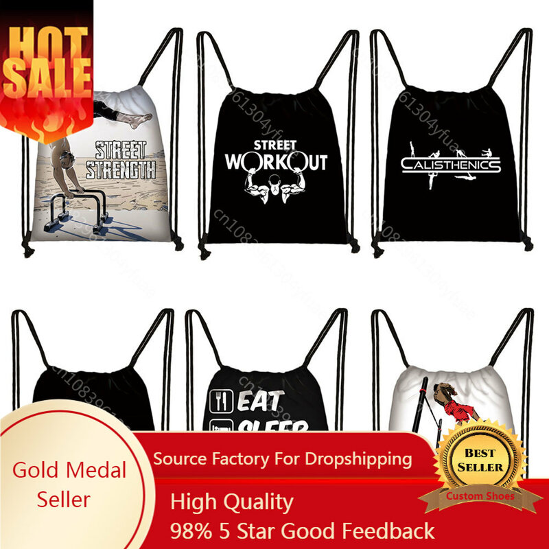 Calisthenics Print Drawstring Bags Street Workout Backpack Outdoor Gym No Pain No Gain Storage Bags for Travel Shoes Holder