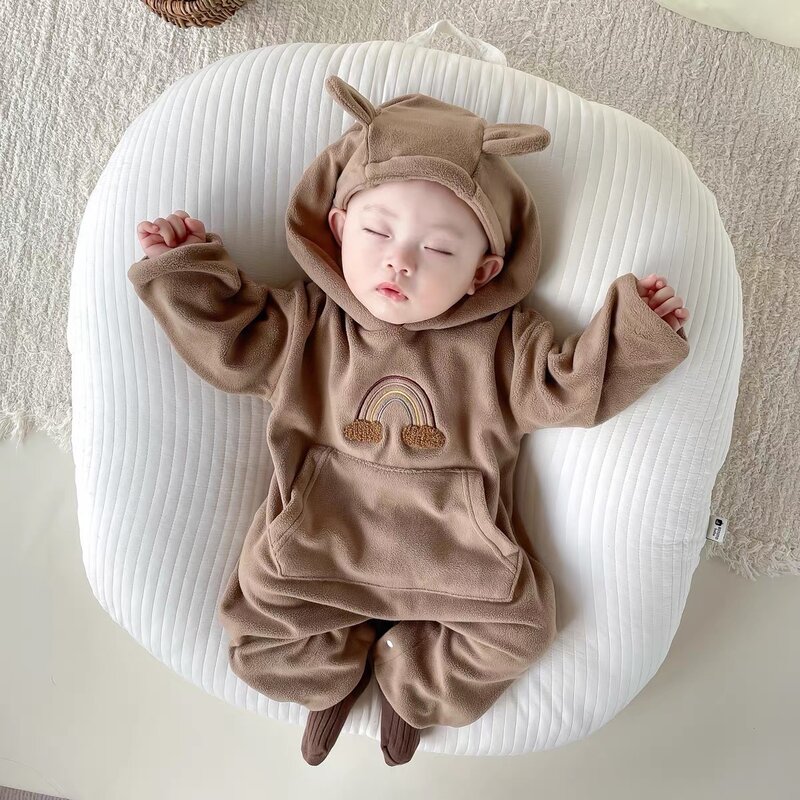 2022 Autumn Winter New Baby Clothing Bear Ear Baby Boys Rompers Fur Lining Infant Girls Outfit Newborn Girl Outfit Rompers