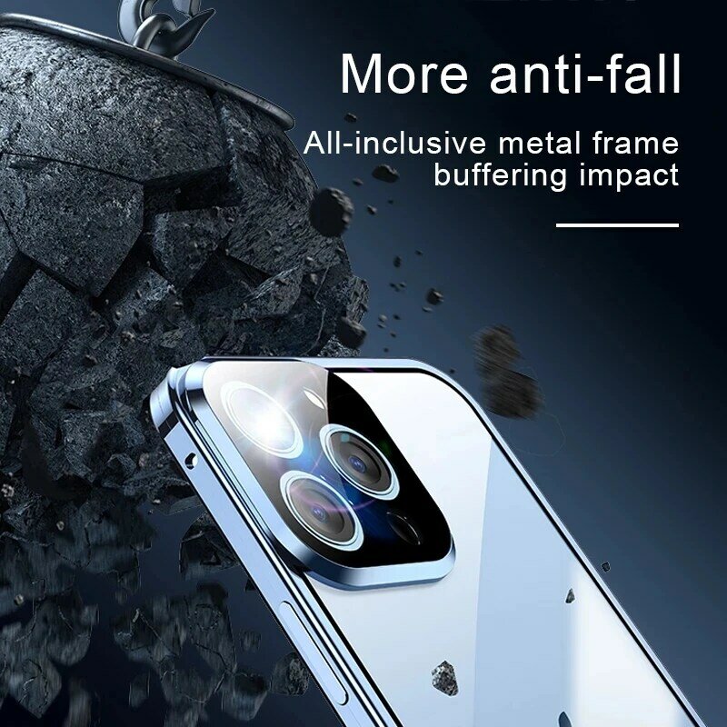 360 ° 완전 보호 금속 마그네틱 양면 유리 스냅 잠금 케이스, 아이폰 15 프로 맥스 14 12 11 13 프로 맥스 플러스 범퍼 커버