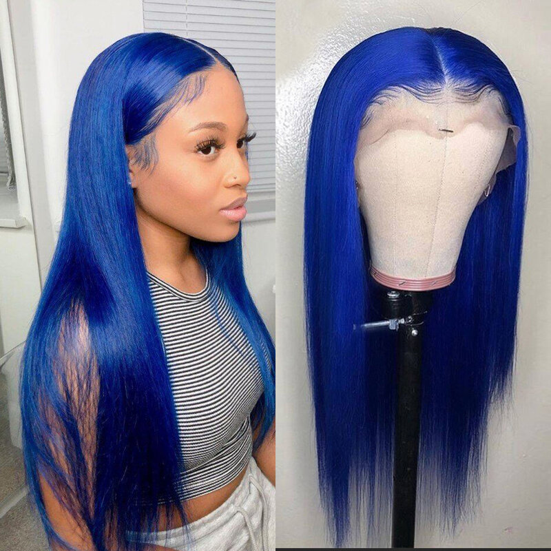 Ombre Blue Colored Human Hair Wigs Straight Lace Front Wig for Women 100% Remy Brazilian Human Hair Wigs 13x4 Lace Frontal Wigs