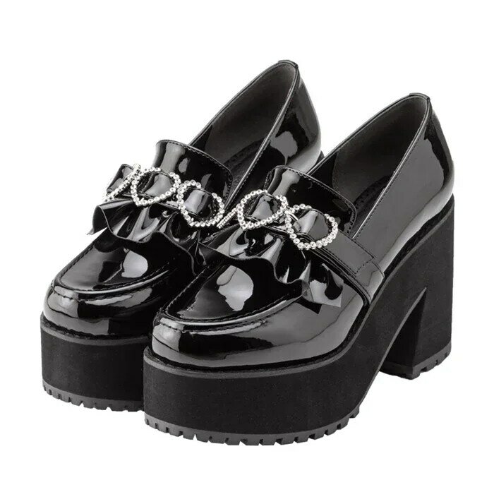 Japanese Ins Fashion Waterproof Platform Lady Thick Heel High Heels Platform Lolita Pearl Heart Buckle Pumps Black Leather Shoes