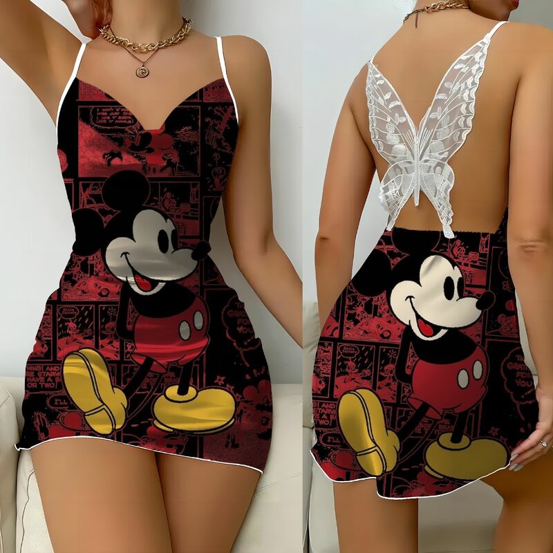 Disney-Vestido corto de Minnie Mouse para mujer, con espalda descubierta minivestido Sexy, falda de pijama con lazo y superficie de satén de Mickey Mouse para fiesta de verano, 2024