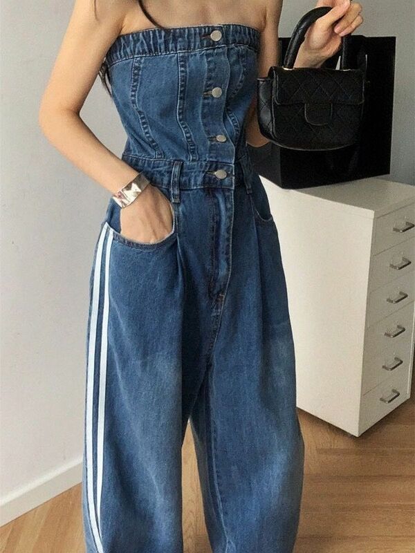 Denim Jumpsuits Tube Top American Retro Sexy Cool Women High Waist Backless Skinny Wrap Chest Stretch Straight Wide-Leg Trousers