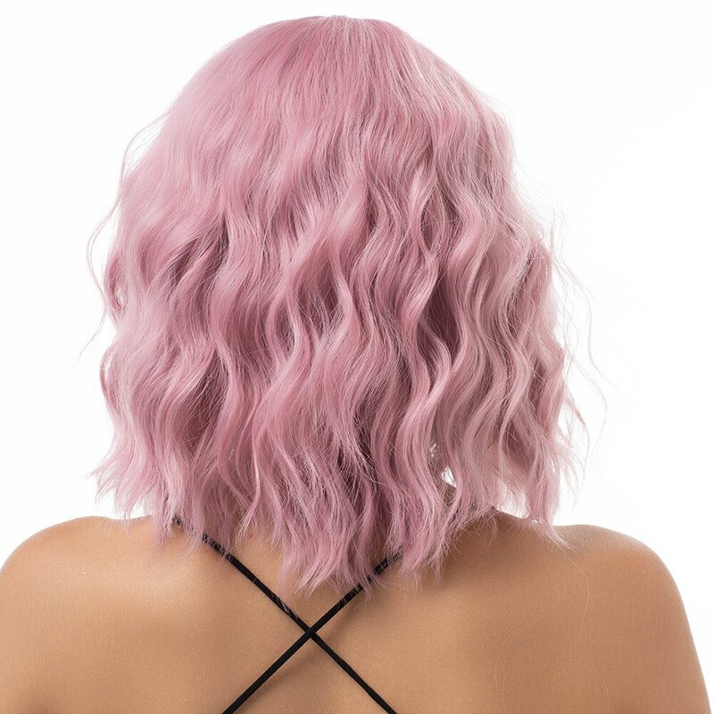 Parrucca ondulata pastello sintetica con frangia parrucca rosa stile corto da donna gioco di ruolo adatto per ragazze parrucca per uso quotidiano