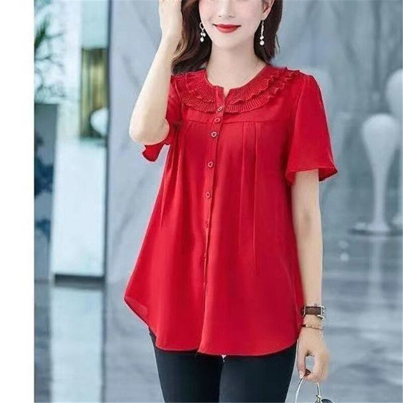 Frauen Sommer Rüschen elegante Knopf Hemden koreanische Mode Rundhals ausschnitt Kurzarm solide lose Bluse lässig unregelmäßige Damen Top
