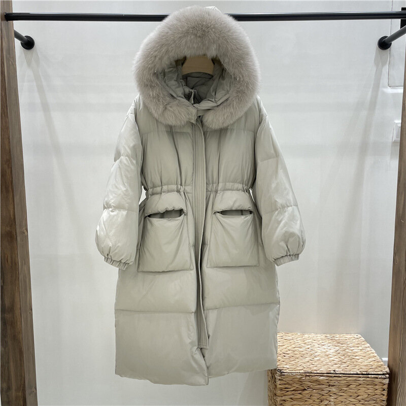White Duck Down Furry Hooded Long Sleeve Overlength Coat Lady Autumn Winter Thick Warm Down Padded Loose Coat Outwear