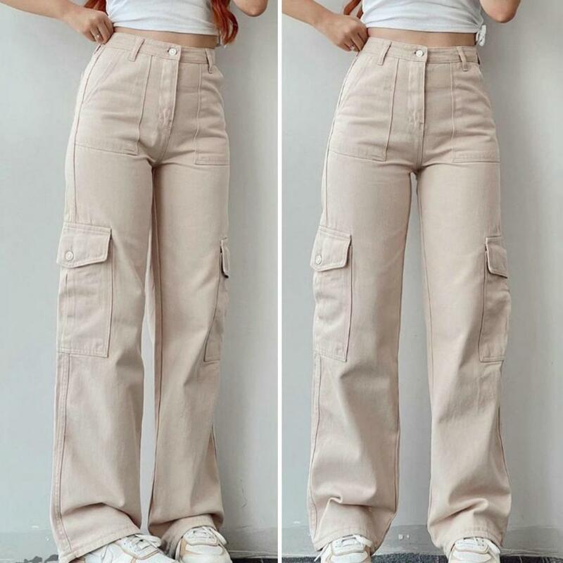 Women Cargo Pants High Waist Button Zipper Fly Multi Pockets Sweatpants Straight Leg Long Trousers Solid Color Pants Streetwear