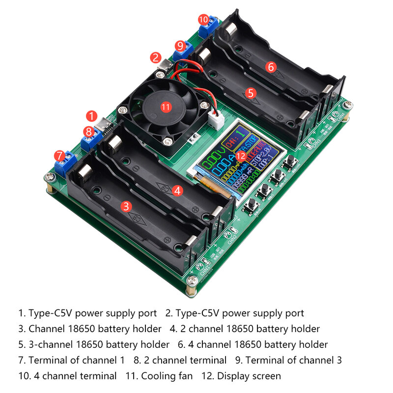 Módulo probador de capacidad de batería de litio 18650, Detector de potencia de batería 18650, MAh, MWh, Digital, cuatro baterías, tipo C