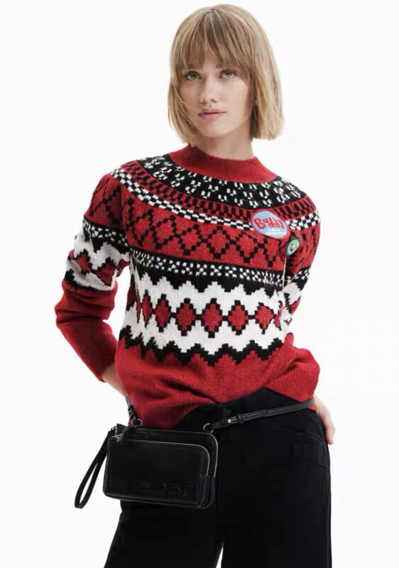 Foreign Trade Original Order Spain  New Women's Sweater Red Round Neck Holiday Warm Winter Knitwear