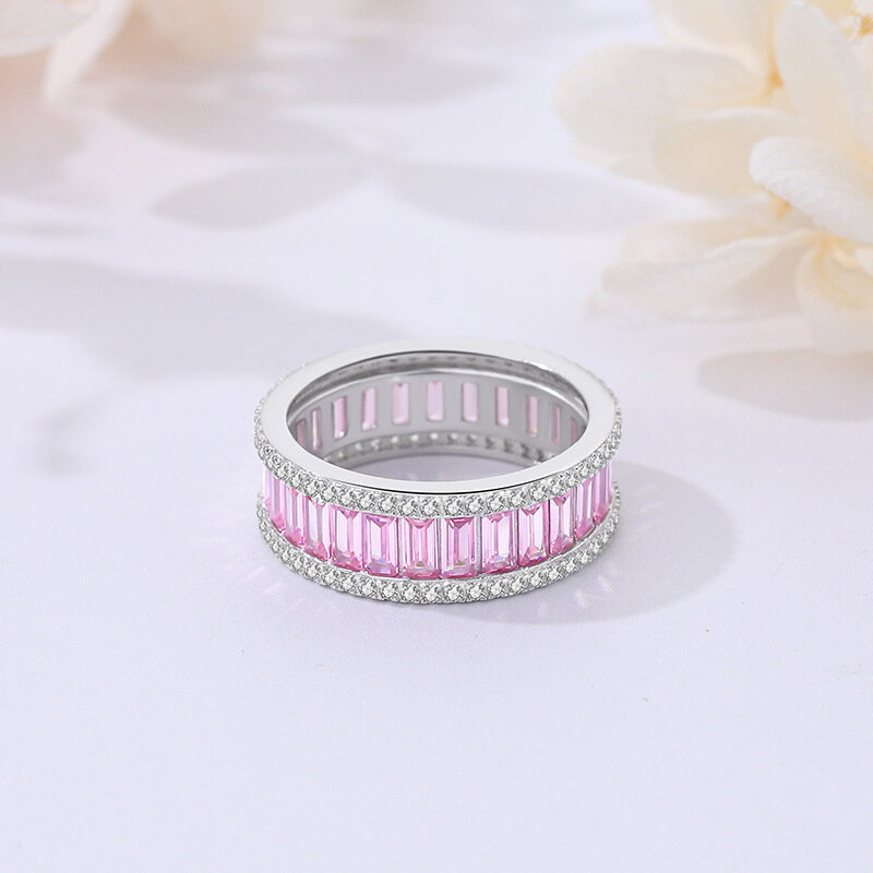Cincin tatahan berlian penuh zirkonium persegi panjang baru untuk wanita S925 cincin perak murni perhiasan perak desain niche