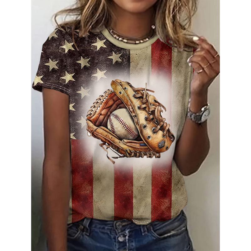 Camiseta feminina estampada com bandeira americana, manga curta, roupas femininas, roupas casuais, blusa diária, moda verão