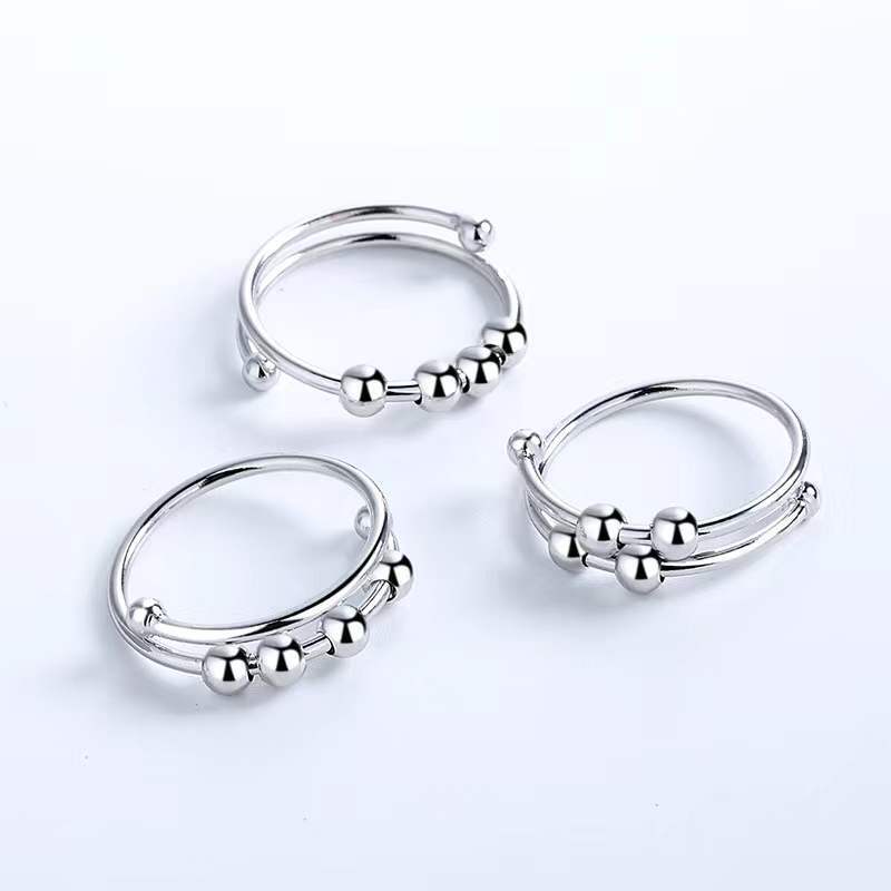 Neue echte Sterling Silber Zappeln Perlen Angst Spinner Ring für Frauen Männer Anti-Stress verstellbare Ringe Modeschmuck