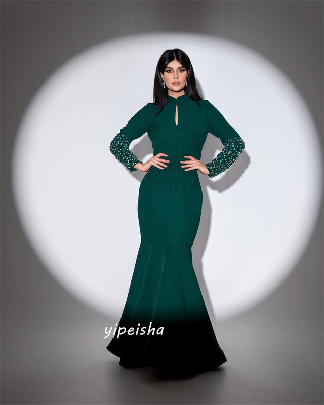 Vestido de graduación de Arabia Saudita, vestido de noche Formal de estilo moderno Simple, cuello alto, cuentas de sirena, satén, ocasiones a medida