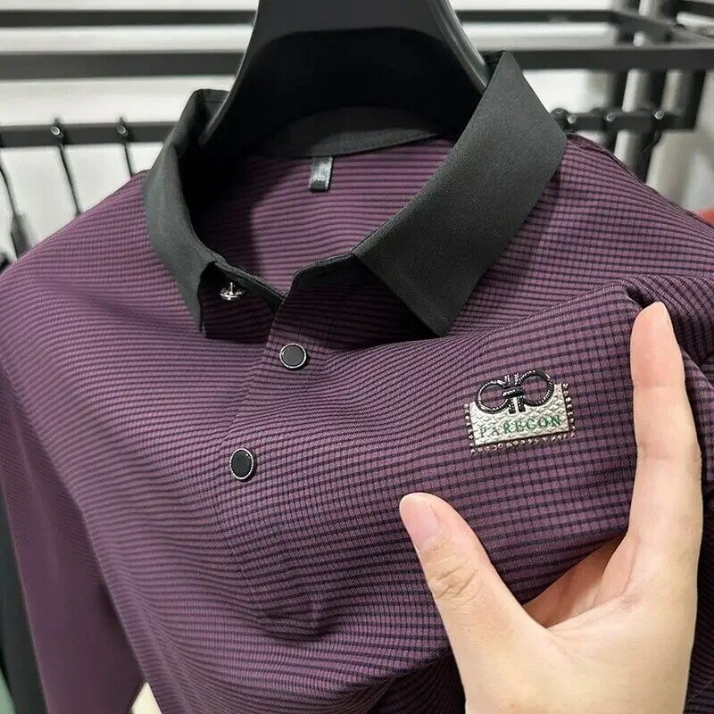 Men's seamless high-end long-sleeved T-shirt spring and autumn shirt collar striped lapel POLO shirt loose T-shirt