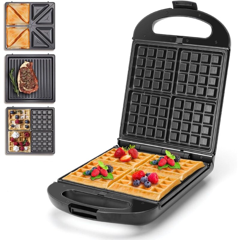 Sandwich Maker 3 in 1, 4 Slice Waffle Maker 1200W Panini Press Grill with Non-stick Plates, Double-Sided Heating