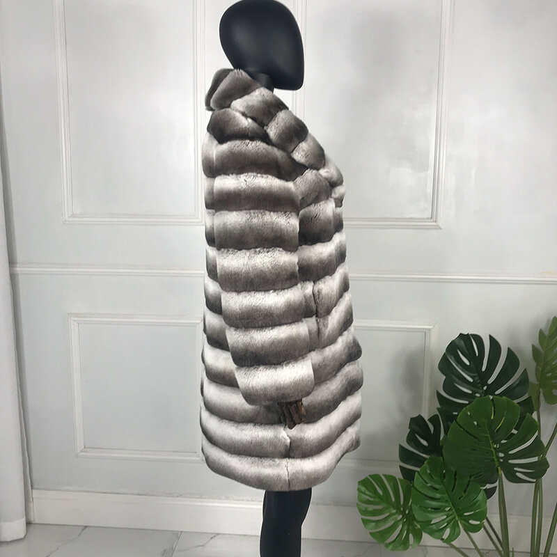 Delizioso cappotto di pelliccia di cincillà cappotto di pelliccia di coniglio Rex naturale donna lungo capispalla alta moda