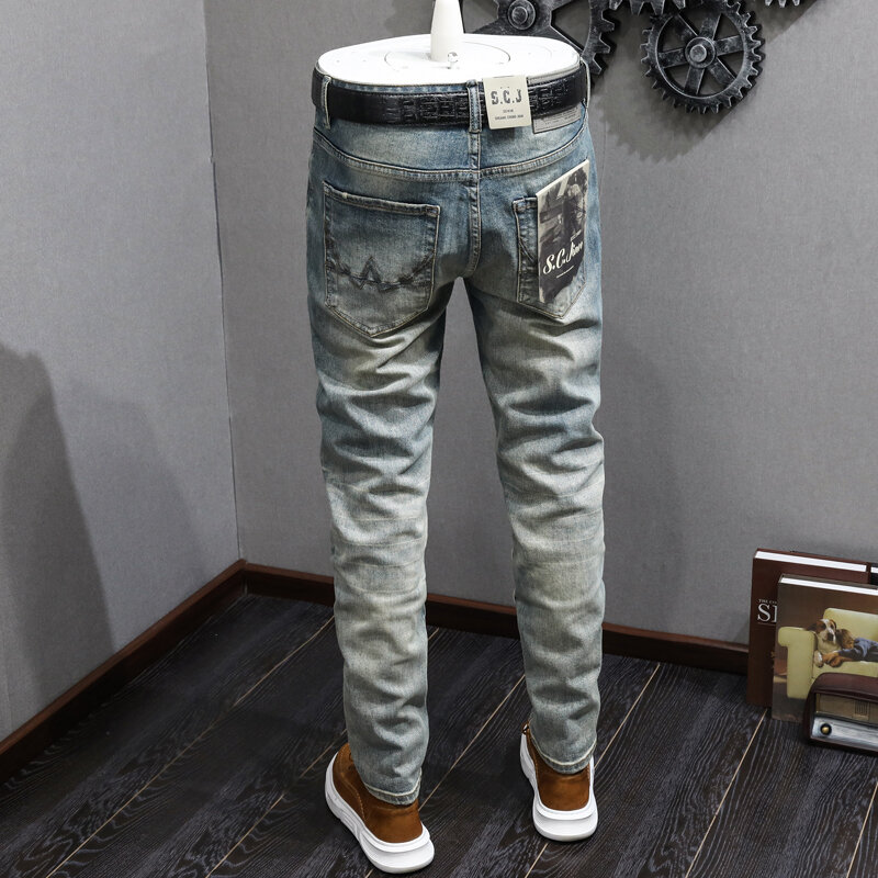 Projektant mody męskie jeansy wysokiej jakości niebieskie w stylu Retro rozciągliwe dopasowanie Fit porwane jeansy męskie elastyczne spodnie Vintage casualowe spodnie jeansowe