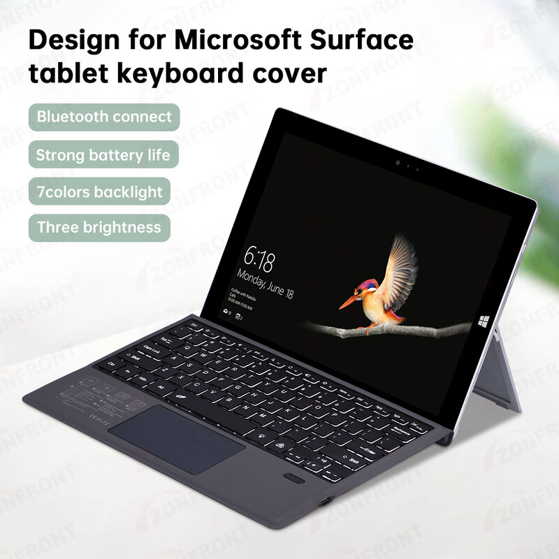 ZONFRONT Backlit Trackpad Keyboard for Microsoft Surface Pro 3 4 5 6 7 Russian Spanish Arabic Portuguese Korean Thai Keyboard