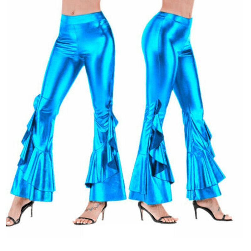 Mulheres brilhantes calças de alargamento a laser metálico wetlook plissado ampla perna calças retro 70s disco hippie clube magro bell bottoms