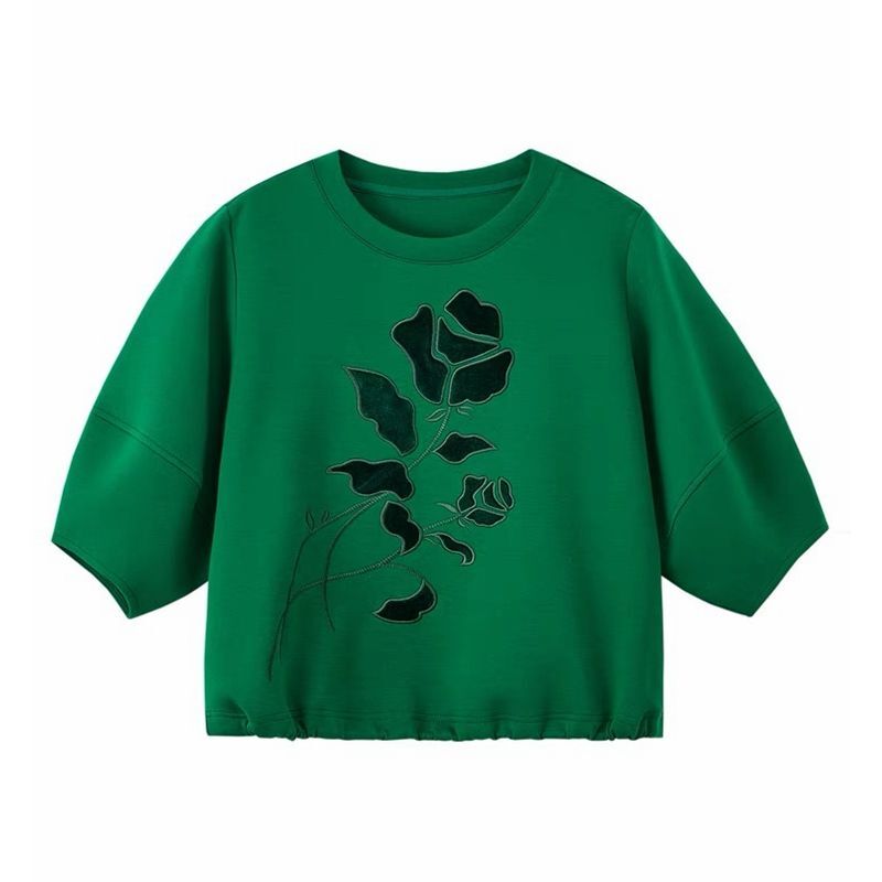 Женская Спортивная толстовка с коротким рукавом, однотонная Свободная Повседневная футболка с круглым вырезом и вышивкой в Корейском стиле, весна-лето 2024