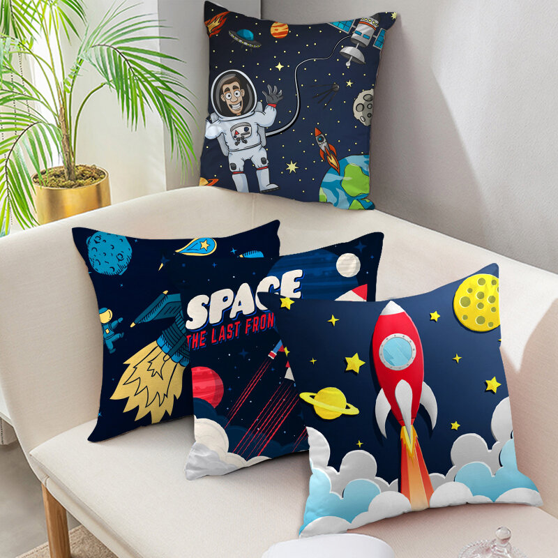 الكرتون رائد الفضاء صاروخ و سفينة الفضاء المخدة ، أريكة غطاء الوسادة ، ديكور غرفة نوم المنزل ، غرفة الاطفال الفضاء موضوع
