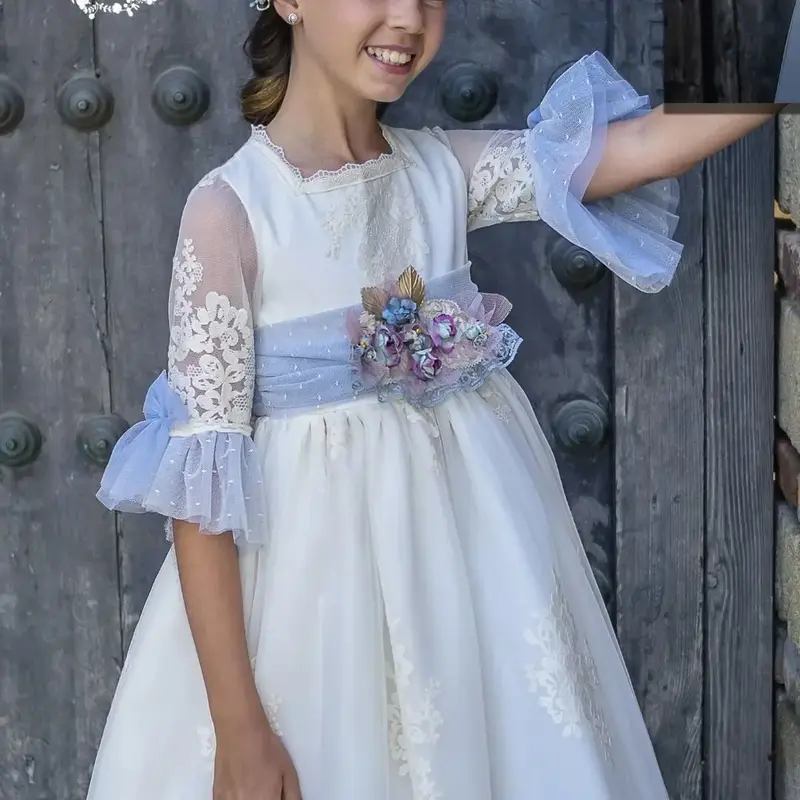 Vintage Empire Princess Flower Girl abiti mezze maniche in pizzo lungo abito da compleanno per feste di matrimonio abito quadrato per la prima comunione