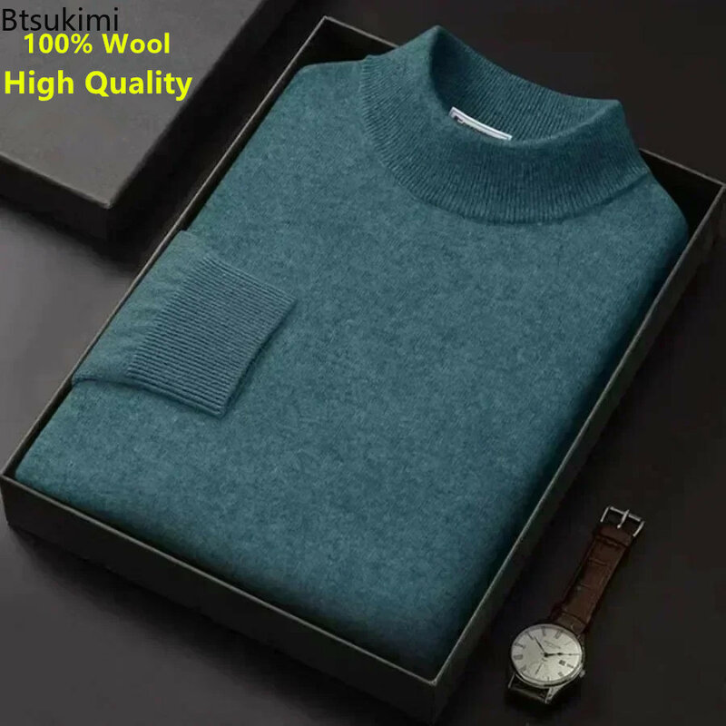 New Men's Knit Warm Sweater Pullover Trendy Mock Collar 100% Pure Woolen Sweater 2024 Male Casual Business Cashmere Sweater Tops