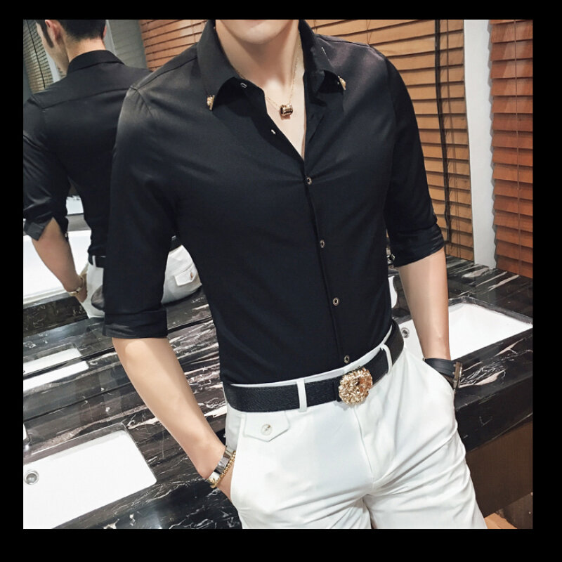 Camisa casual de manga masculina, cor sólida, slim, moda jovem, roupas de trabalho, primavera e verão, nova, 2023